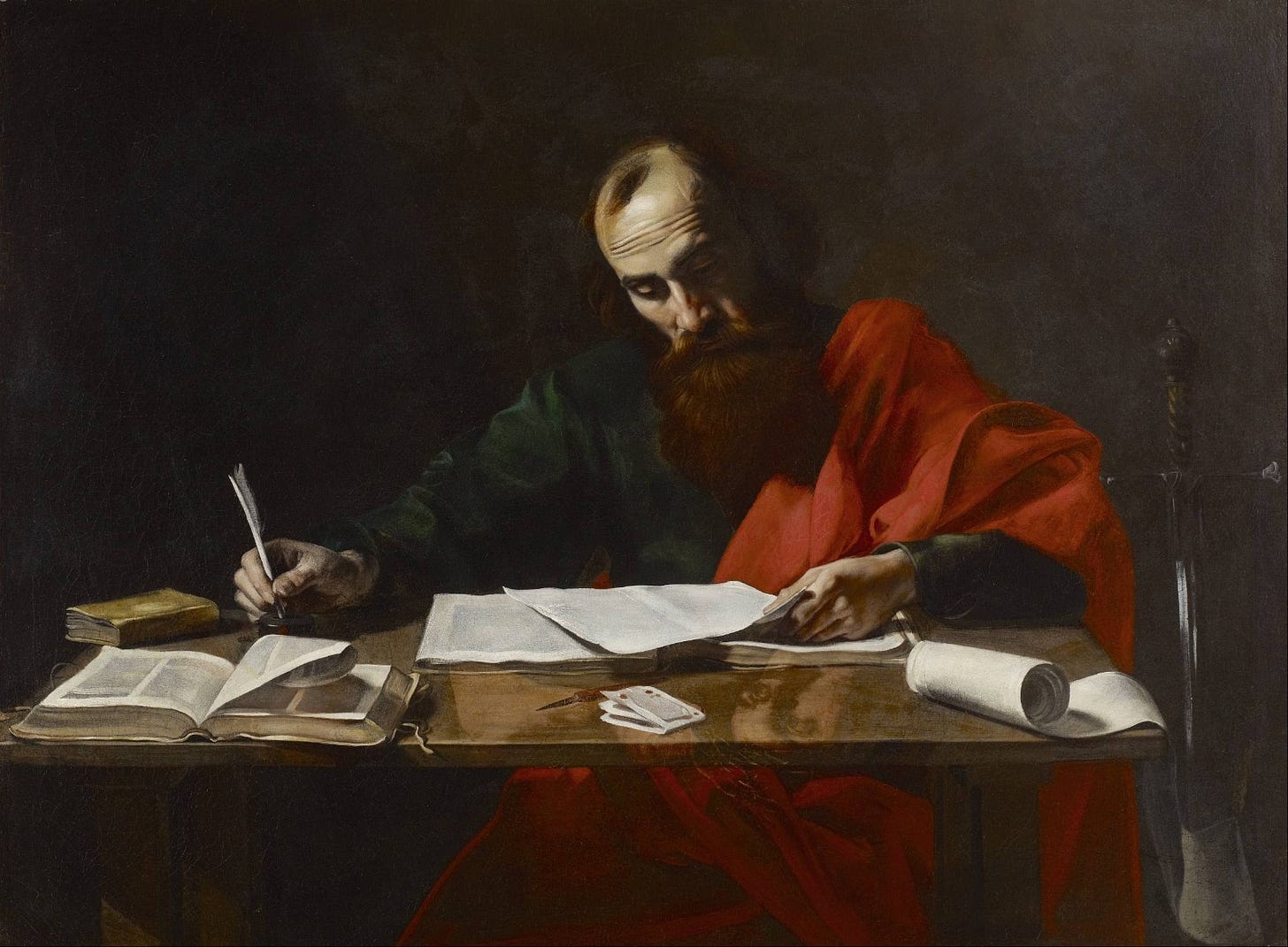 Saint Paul writing his epistles, painting attributed to Valentin de Boulogne Saint Paul writing his epistles, painting attributed to Valentin de Boulogne