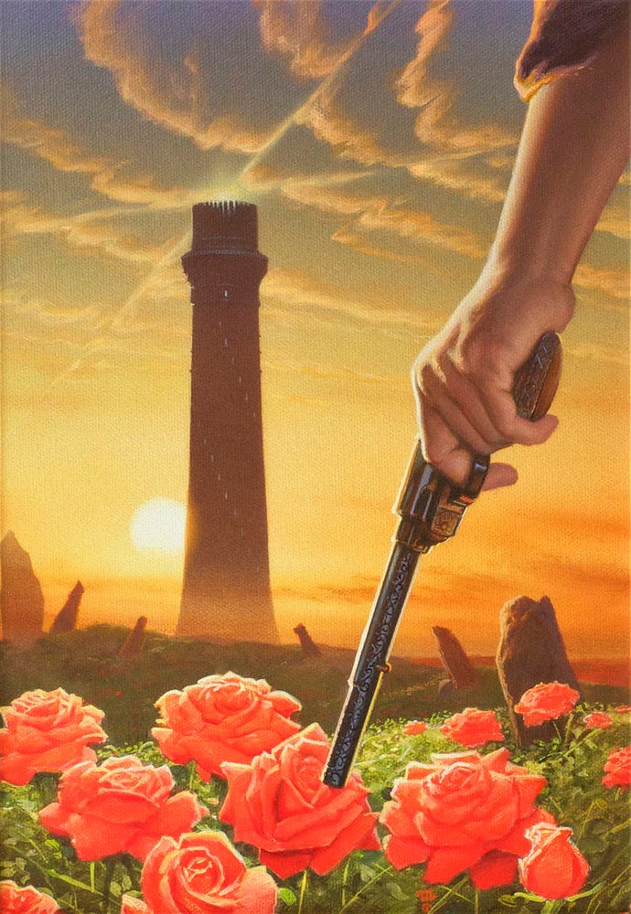 A ground level view of the Dark Tower across a field of roses. The sun hovers low just behind the tower bathing the sky in gold. Clouds flow in parallel wave-like patterns distorted only by the line beams of light cutting across the sky from the top of the tower. In the immediate foreground, we see a big revolver gripped in someone's—presumably Roland's—left hand. Intricate scrollwork decorates the underside of the barrel. Only his hand and forearm can be see in panel. A ground level view of the Dark Tower across a field of roses. The sun hovers low just behind the tower bathing the sky in gold. Clouds flow in parallel wave-like patterns distorted only by the line beams of light cutting across the sky from the top of the tower. In the immediate foreground, we see a big revolver gripped in someone's—presumably Roland's—left hand. Intricate scrollwork decorates the underside of the barrel. Only his hand and forearm can be see in panel.