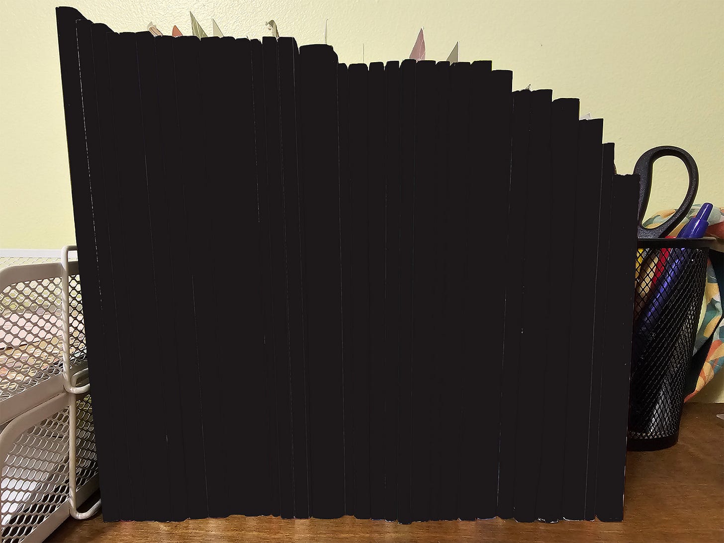 Photograph of 31 poetry books lined up on top of a bookcase. The covers of the books have all been blacked out.