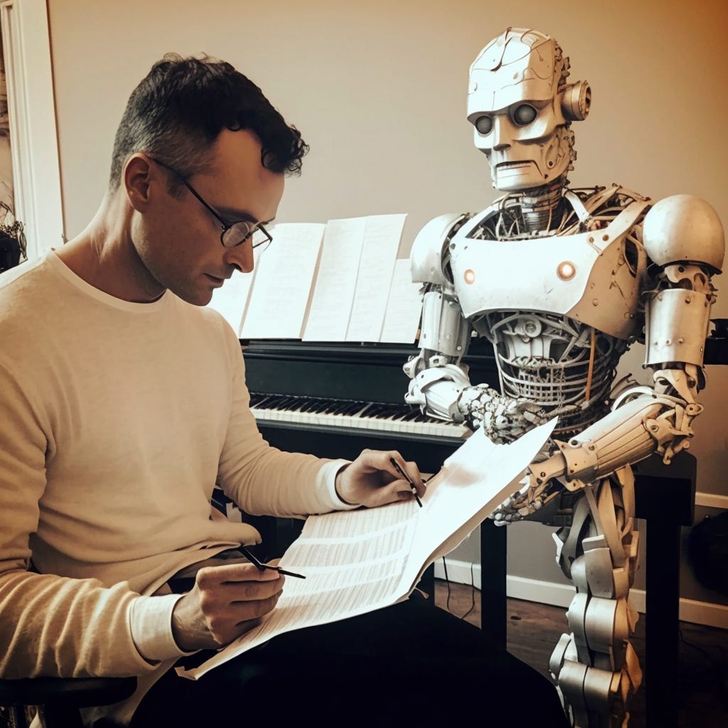 A songwriter and a robot collaborate on a song