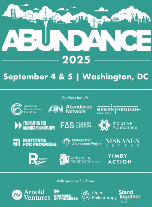 Flyer for the Abundance 2025 conference featuring logos for a bunch of billionaire astroturf orgs, and Arnold Ventures