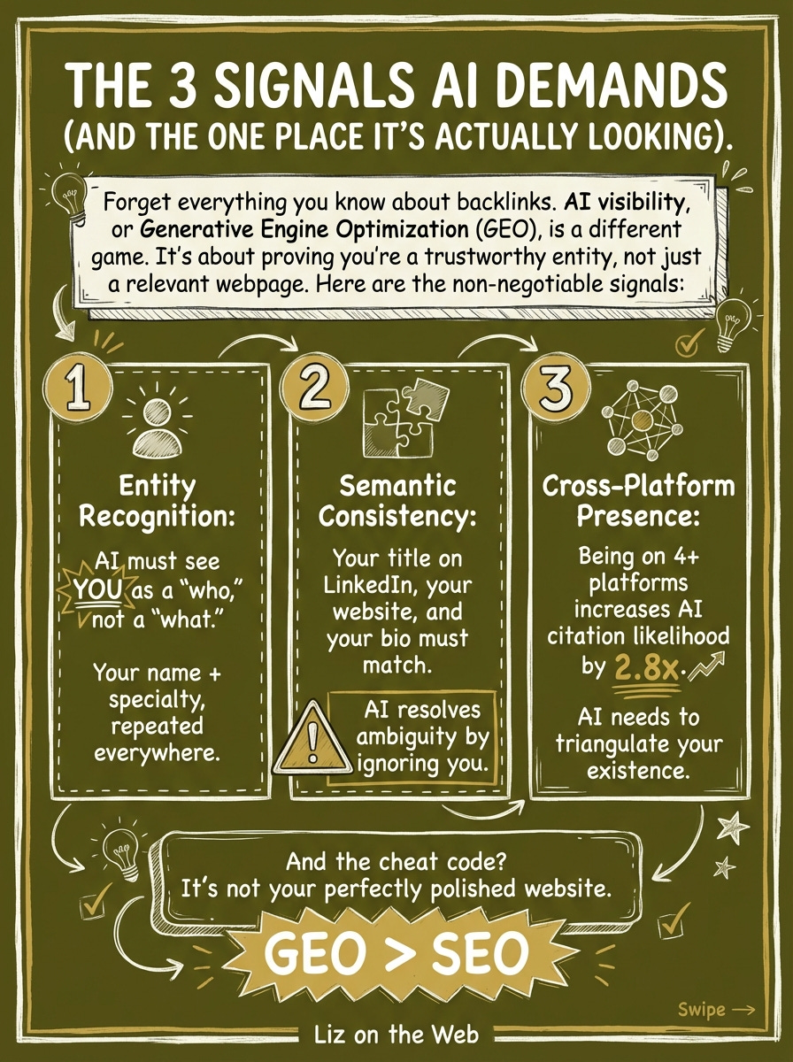 Slide 2: THE 3 SIGNALS AI DEMANDS (AND THE ONE PLACE IT'S ACTUALLY LOOKING). Slide 2: THE 3 SIGNALS AI DEMANDS (AND THE ONE PLACE IT'S ACTUALLY LOOKING).
