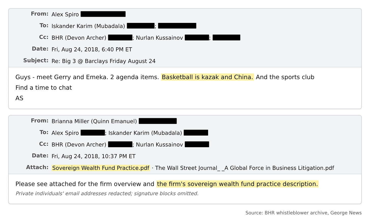 Emails, August 24, 2018: “Basketball is kazak and China” and the Quinn Emanuel sovereign wealth fund practice