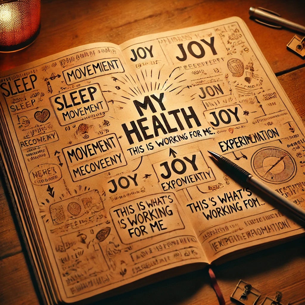 A warm, personal image of an open sketchbook or journal resting on a wooden desk, softly lit with warm ambient light. One page features a hand-drawn flowchart or blueprint labeled with personal health principles like 'Sleep,' 'Movement,' 'Joy,' 'Recovery,' and 'Experimentation.' Arrows, underlines, and scribbled notes give it a thoughtful, intentional, slightly messy feel. The facing page reads 'MY HEALTH' in bold letters, surrounded by the handwritten phrase: 'This is what’s working for me.' A pen rests nearby. The tone is cozy, intellectual, and personal—like a wellness philosophy in progress, designed to reflect individual exploration and integrated thinking.