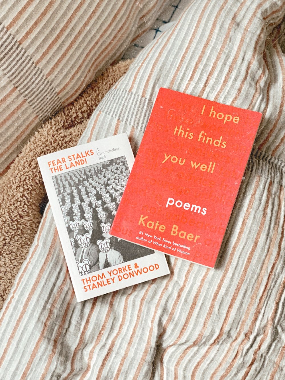 Two books laying on a bed with a striped comforter. One book is pink with the title I hope this finds you well poems by kate baer. A white book with the title fear stalks the land by thom yorke and stanley donwood is stacked under it.