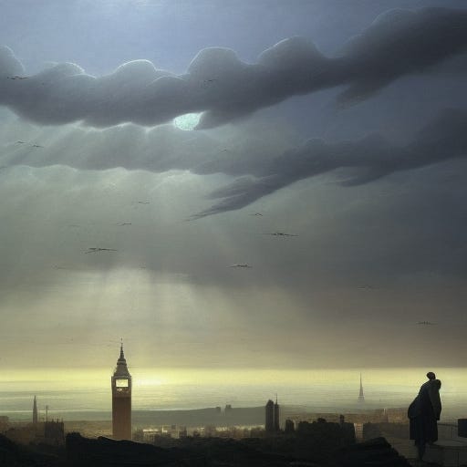 15 people flying from London to New York, by Caspar David Friedrich, matte painting trending on artstation HQ (created with Stable Diffusion) 15 people flying from London to New York, by Caspar David Friedrich, matte painting trending on artstation HQ (created with Stable Diffusion)