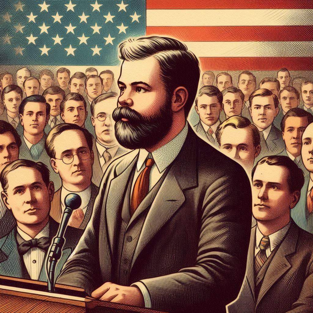 a 39-year-old white man with round face, brown hair, and a full beard wearing a suit and tie speaking to a crowd of Silicon Valley entrepreneurs and venture capitalists while standing in front of an American flag, 1900-style illustration, colored etching