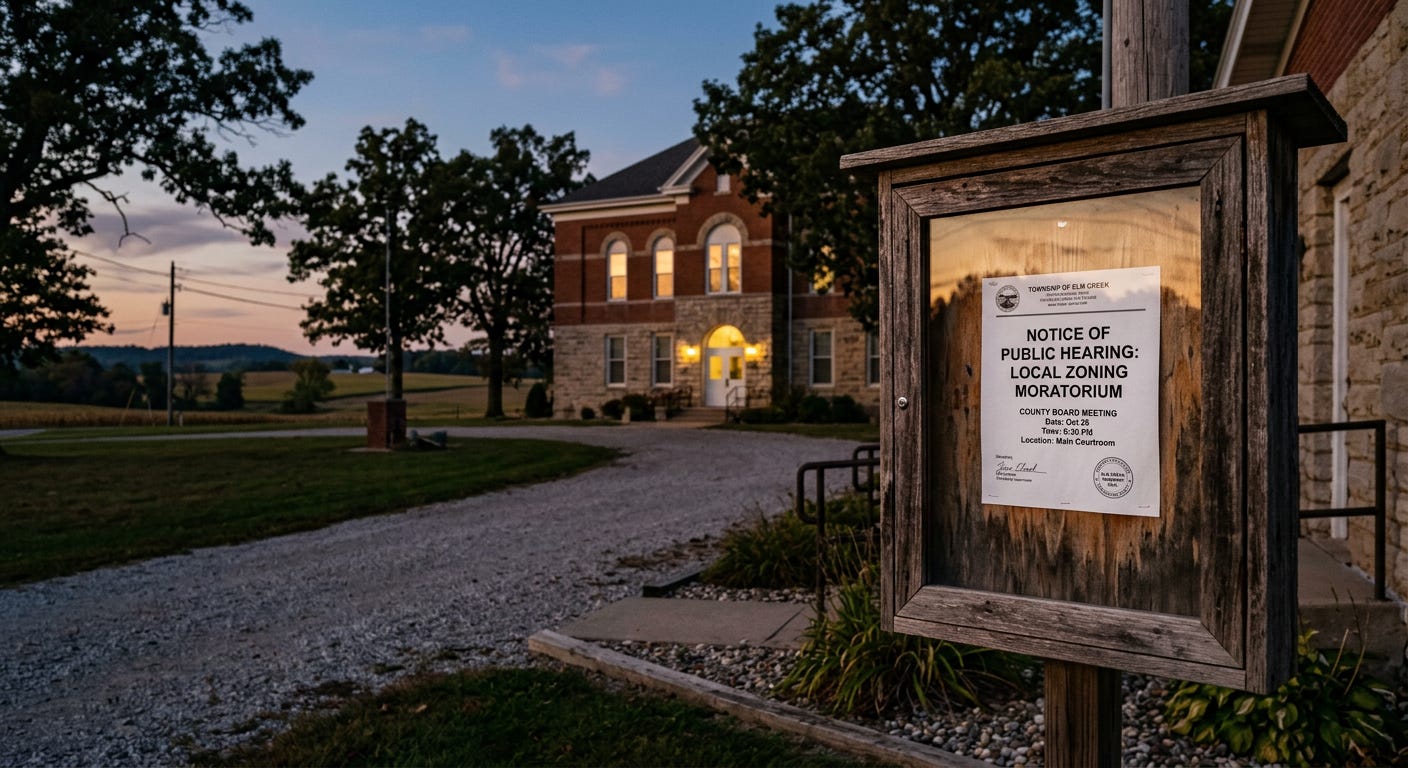 A public bulletin board outside a small-town county courthouse at dusk displaying an official notice for a public hearing on a local zoning moratorium, with rural fields in the background. A public bulletin board outside a small-town county courthouse at dusk displaying an official notice for a public hearing on a local zoning moratorium, with rural fields in the background.