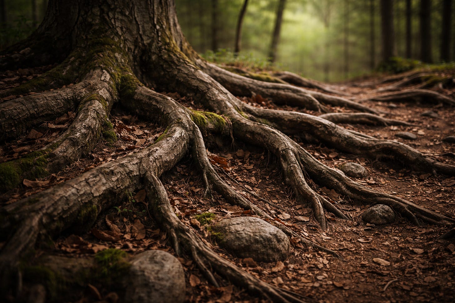 Tree roots spread across the forest floor, forming a strong natural foundation beneath the soil. Tree roots spread across the forest floor, forming a strong natural foundation beneath the soil.