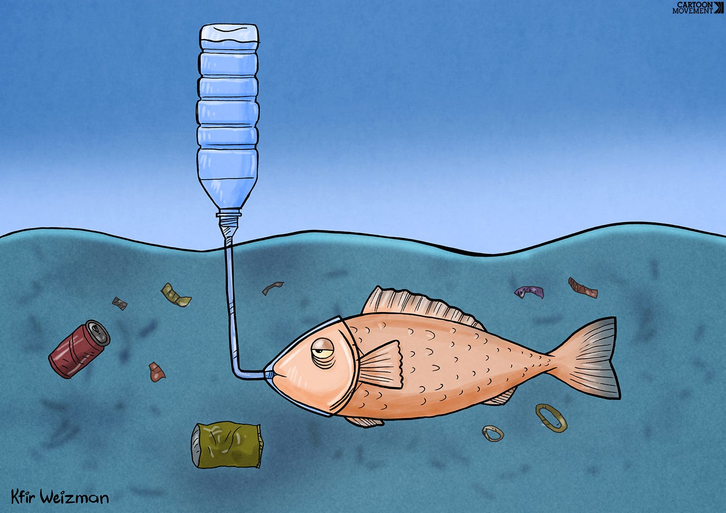 Cartoon showing a fish swimming in a very polluted ocean with pieces of plastic floating around. The fish is wearing a breather apparatus, connected by a straw to a bottle with clean water that is sticking out above the surface (like a snorkel).