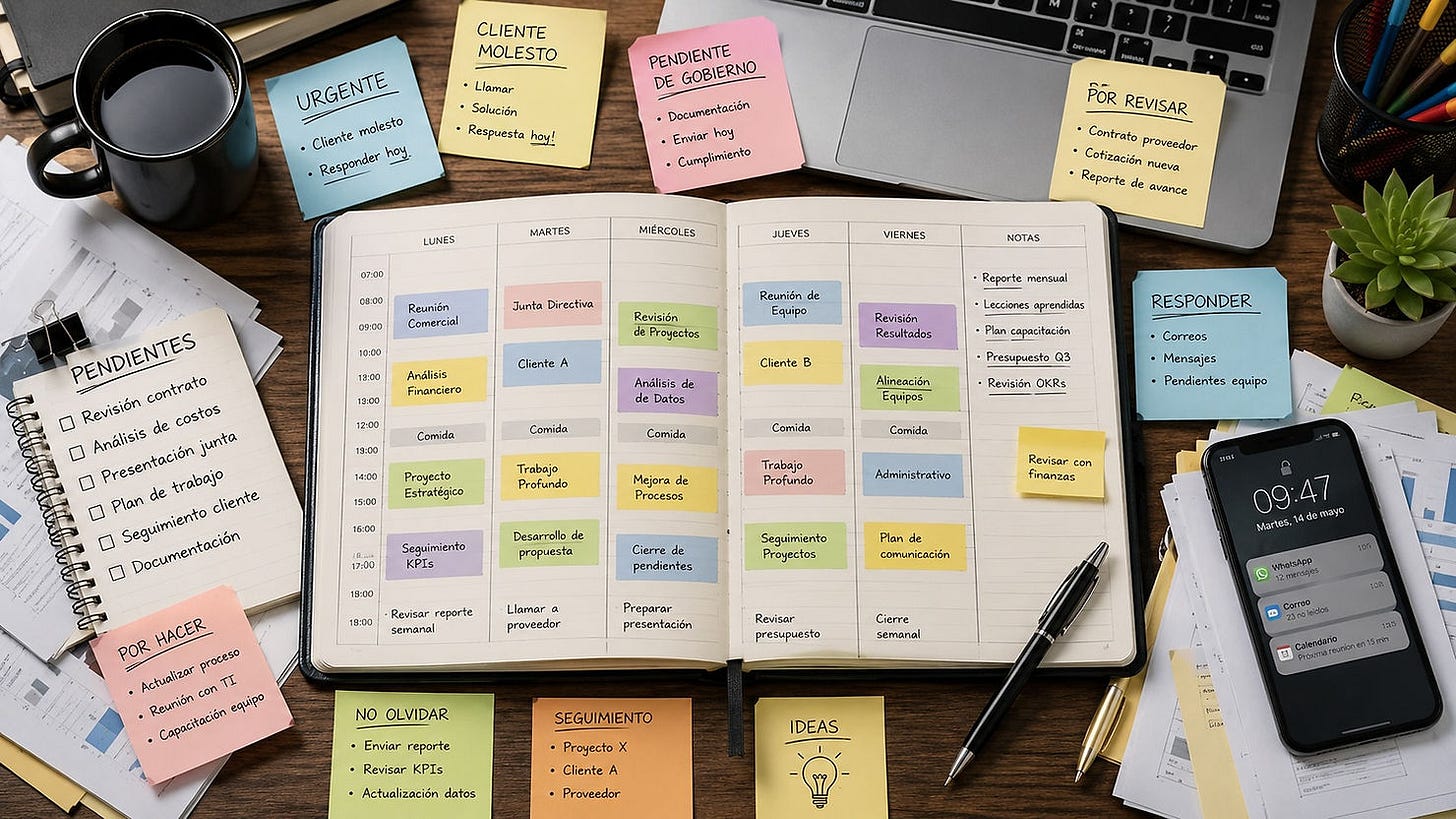 Agenda semanal abierta sobre un escritorio, rodeada de notas adhesivas con pendientes urgentes, papeles, laptop, celular y documentos. La imagen representa una agenda aparentemente organizada, pero saturada por demandas, interrupciones y pendientes acumulados. Agenda semanal abierta sobre un escritorio, rodeada de notas adhesivas con pendientes urgentes, papeles, laptop, celular y documentos. La imagen representa una agenda aparentemente organizada, pero saturada por demandas, interrupciones y pendientes acumulados.