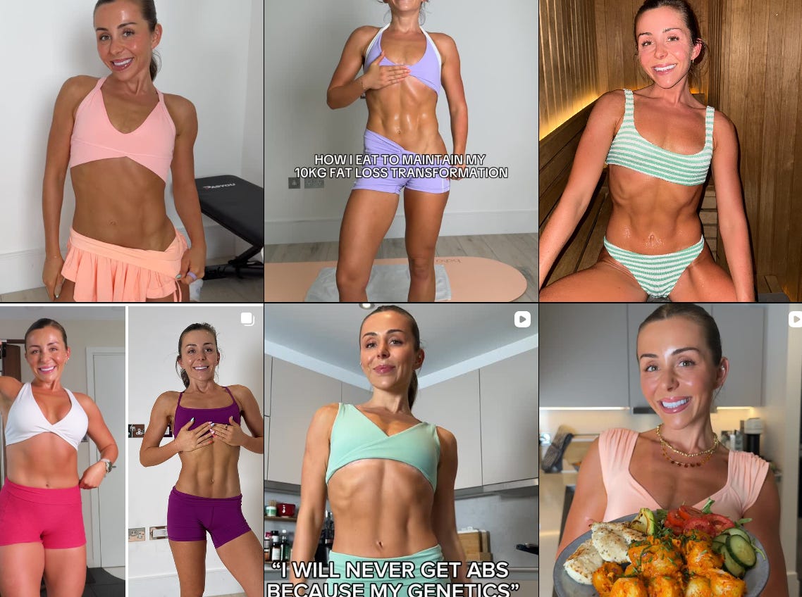 screenshot of lots of thumbnails from Courtney Black's videos, she is a tanned white woman who wears skimpy gym gear and has rock hard abs.