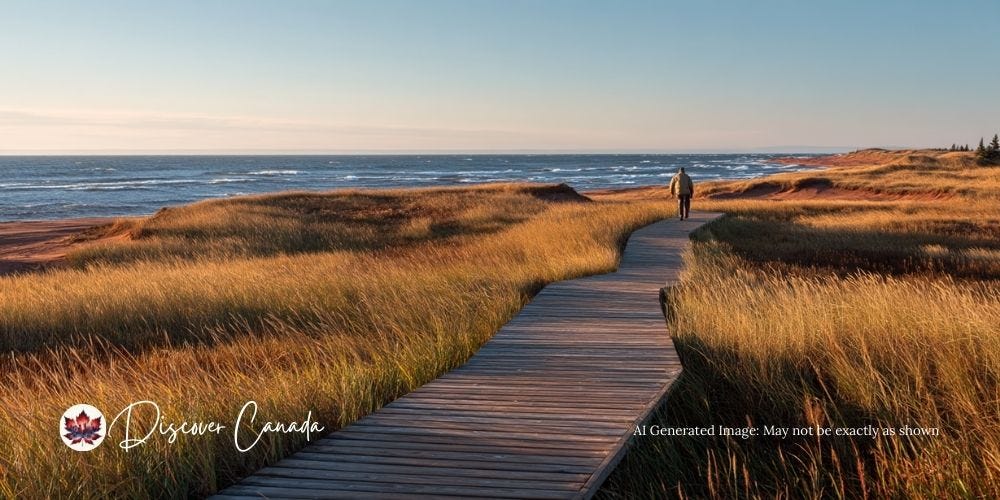 Boardwalk at Greenwich Dunes in Prince Edward Island during fall