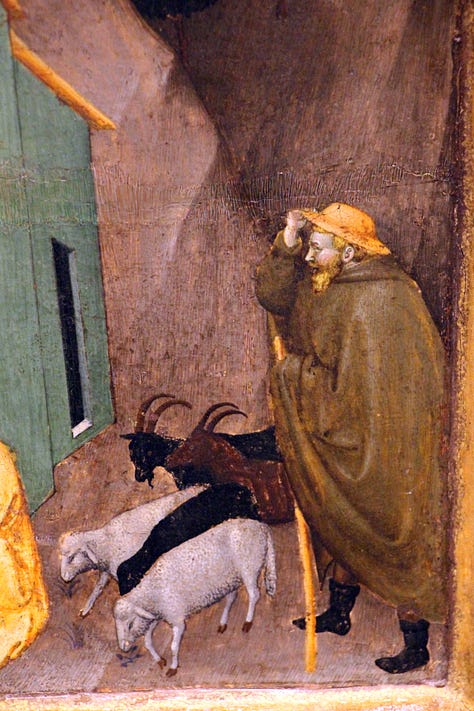 Adoration of the Shepherds (detail), Hugo van der Goes  Natività, Giovanni da Milano  Nazareth, John B. Guiliani  Adoration of the Shepherds, Francesco di Marco Marmitta da Parma