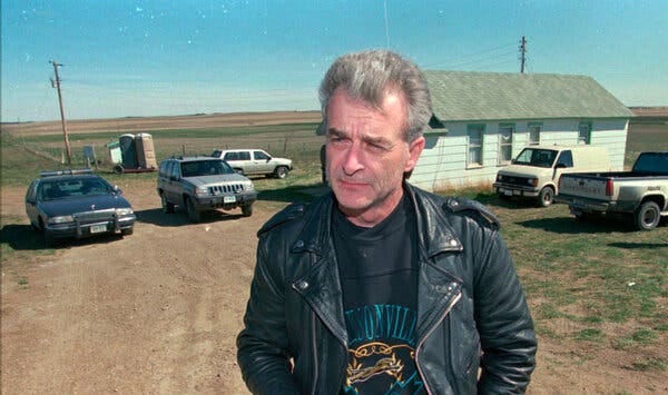 Randy Weaver in 1996 at an F.B.I. roadblock in Montana. He wrote two books about the standoff at Ruby Ridge, and sometimes gave speeches to anti-government activists.