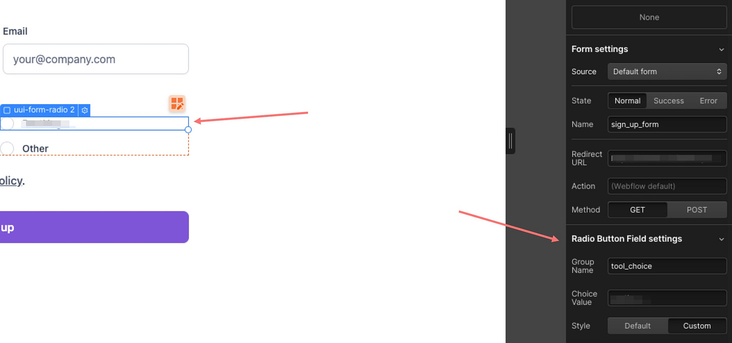 webflow radio buttons field name