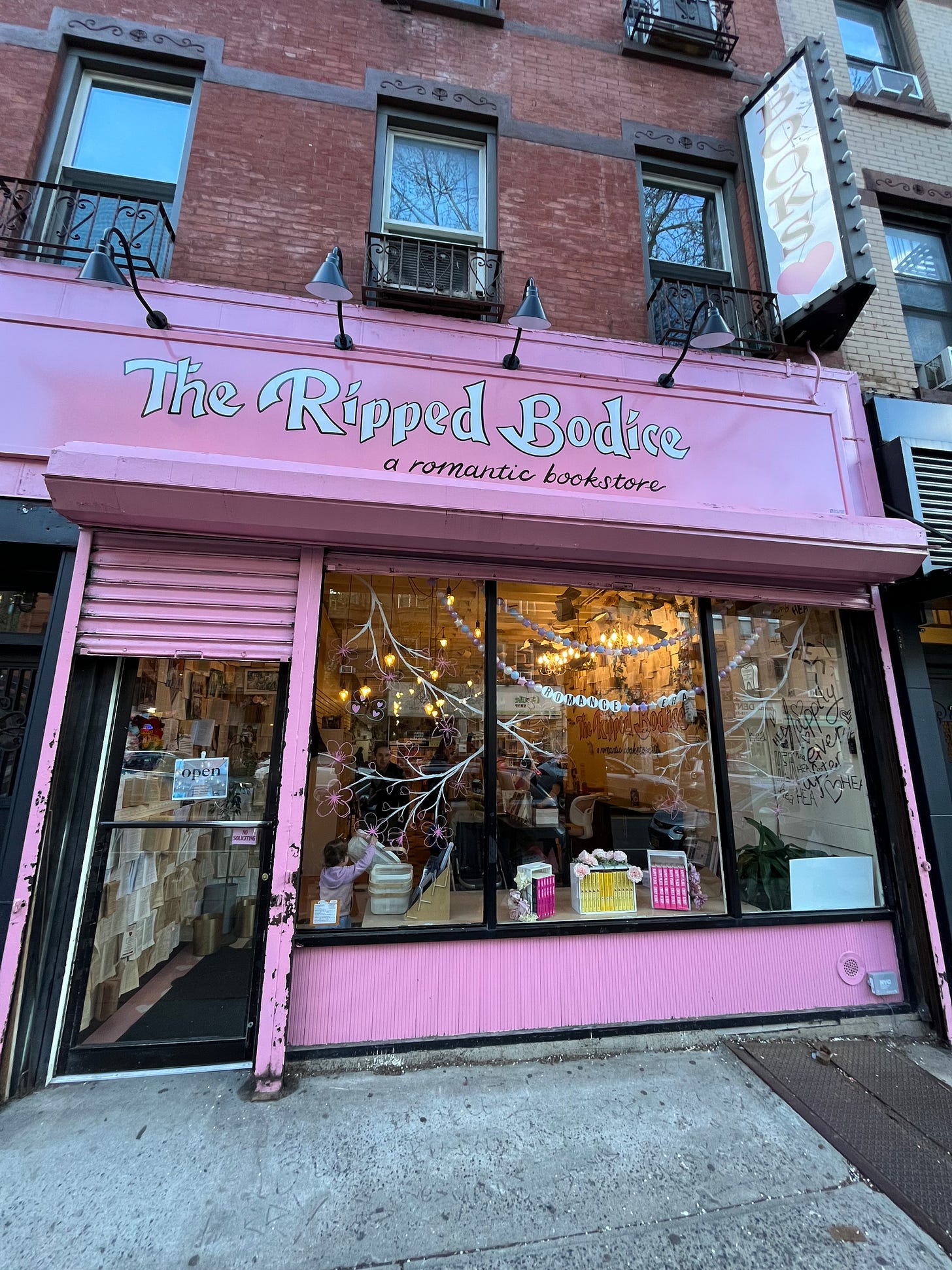 A picture of the pink outside of The Ripped Bodice in Brooklyn A picture of the pink outside of The Ripped Bodice in Brooklyn