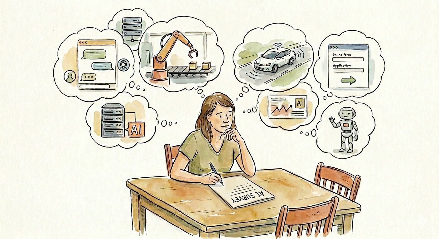 Woman sitting at a table thinking about AI taking a survey