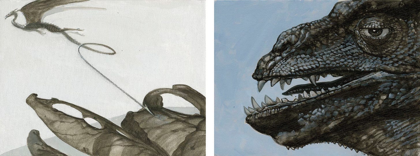 Two landscape oriented paintings. LEFT: Finger soft rock looped with long holes stretch out at the bottom of the panel. In the upper right a loosely rendered dragon with wings spread glides off panel. Its tail is long looping just behind it before the end extends impossibly long with the spiked tip reaching the rocks in the lower right. RIGHT: The profile of a scaly reptilian face with lazy, half lidded eye and mouth open to reveal a short tongue between jagged teeth. The texture of the scales is ultra detailed with highlights in white giving the eyelid and rim of the mouth added dimension.