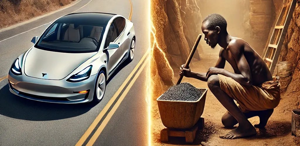 A split image: on the left side, a single sleek Tesla Model 3 driving alone on a sunny California highway, modern and clean, with a futuristic and minimalist design. On the right side, a Congolese man mining cobalt in a dusty, dimly-lit tunnel using primitive tools, wearing rugged work clothes and appearing weary, surrounded by rough, rocky earth. A faint, glowing supply chain line subtly connects the two scenes across the middle of the image, symbolizing the hidden link between high-tech innovation and exploitative labor. The style is high-contrast and photo-realistic, emphasizing the stark disconnect between modern luxury and human cost.
