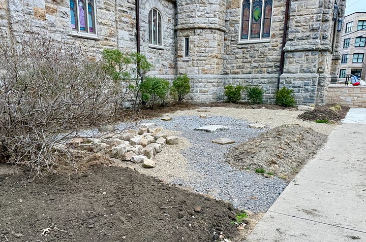 The new Children's Garden before & as a work in progress. We need more pea gravel, more stone placement, and loads of plants! 