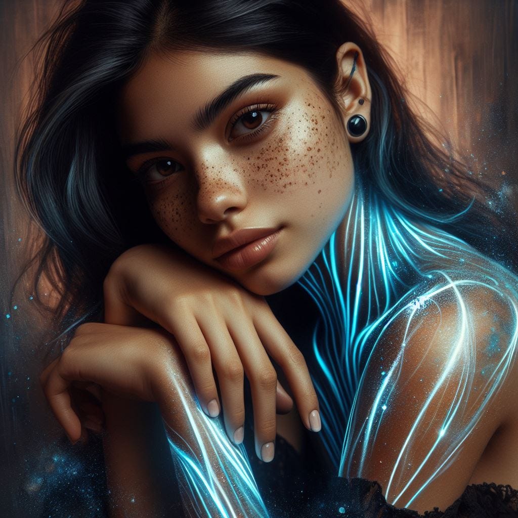latina woman, 23, pale skin, freckles, long dress, with streaks of glowing blue across her shoulders and arms, solarpunk painting