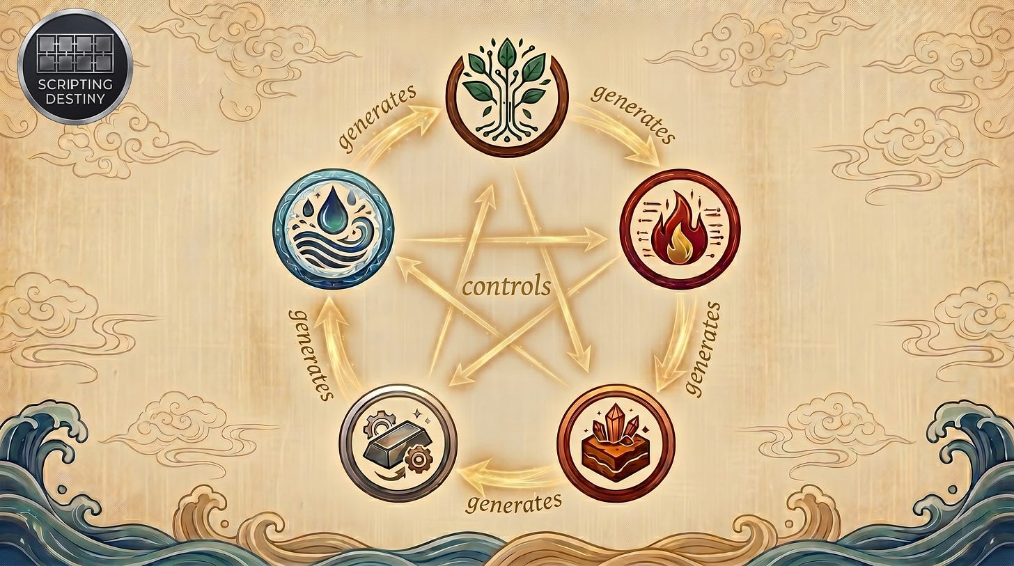 An illustration of the Five Element Wu Xing Cycle in Chinese Metaphysics