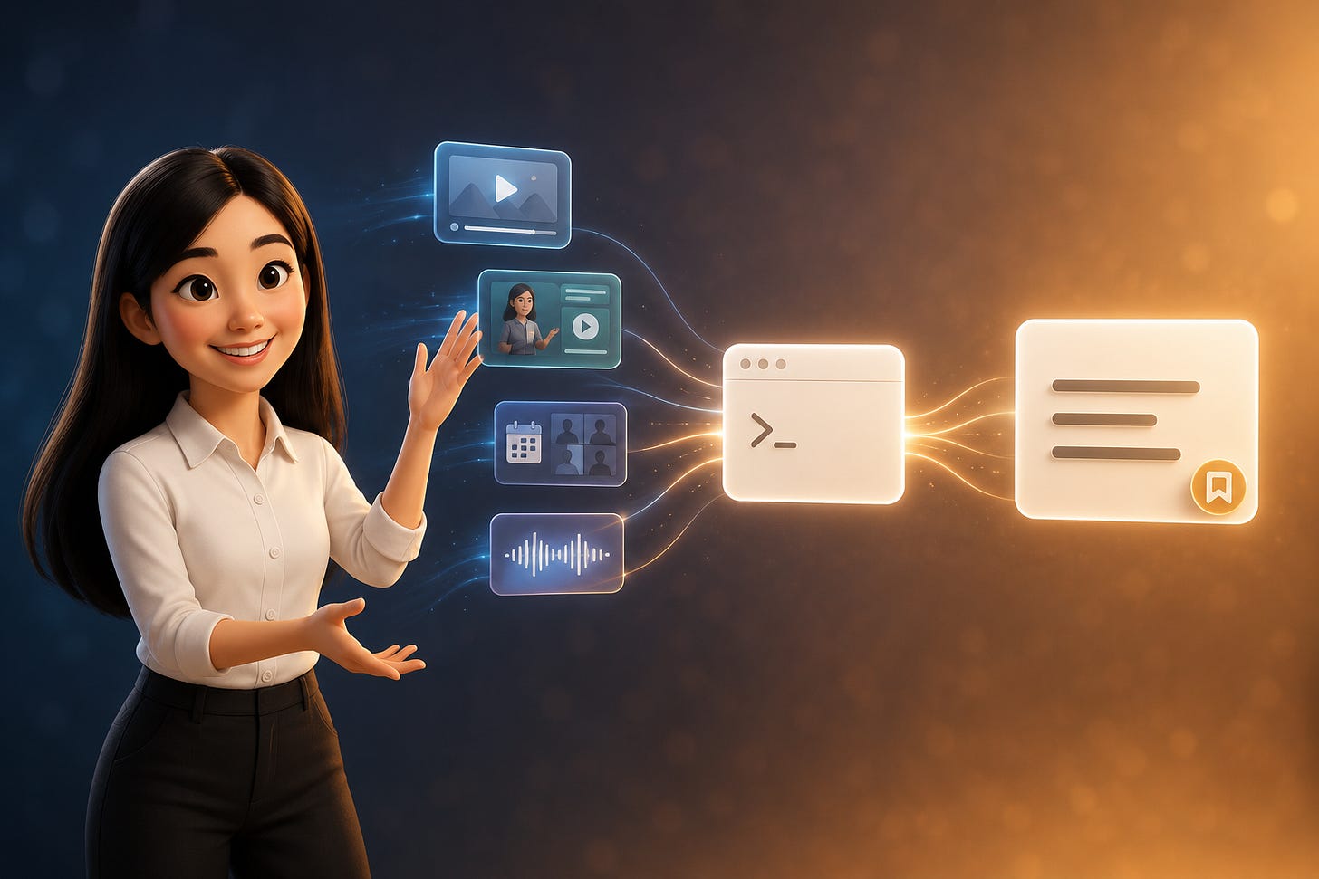 Pixar-style 3D illustration of Jenny Ouyang from Build to Launch gesturing toward four floating recording cards — a video thumbnail, course lecture card, meeting card, and audio waveform — with glowing lines connecting them through a terminal window to a clean answer card with a citation badge, representing a queryable recording library