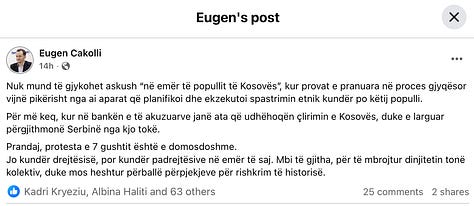 This gallery documents a telling public exchange between myself and Eugen Cakolli, Program Manager at the Kosova Democratic Institute / Transparency International Kosova, following his controversial claim that Kosovo’s Special Chambers are accepting as evidence documents originating from the Serbian wartime security apparatus.  When pressed with clear, direct questions—such as: “Cilat janë këto padrejtësi që ju i përmendni? A bëhet fjalë për standardet ligjore, për kontekstin politik, për përbërjen e trupit gjykues, apo për diçka tjetër?” [“What are these injustices you refer to? Are we talking about legal standards, political context, judicial composition, or something else?”]— Cakolli offered no substantive answers.  Instead of engaging on the facts, Cakolli resorted to deflection and personal insinuation. When asked to specify the alleged documents or sources, he responded: “Besoj, kaq pak, kupton edhe ti – përveç nëse dëshira për t’a pa dikë në burg, ta errëson arsyen edhe nuk zgjedh mjete.” [“I believe you understand this a little—unless your desire to see someone jailed clouds your reason and justifies any means.”]  Rather than substantiating his assertions, Cakolli questioned my professional legitimacy: “Ti që pretendon që je gazetar, duhesh me i gjetë ato.” [“You, who claim to be a journalist, should go and find them yourself.”] And later added: “Pse po pretendoj me argumentu mbi premisa gazetarie, me dikë që esencialisht ka qasje që s’i takon një gazetari.” [“Why am I arguing on journalistic grounds with someone whose approach doesn’t belong in journalism?”]  His central claim—that evidence from the “aparatit serb” [“Serbian apparatus”] is being admitted in court—was never supported with a single concrete document, verified source, or legal reference. Instead, Cakolli deferred to a single article from Nacionale, a portal with documented ties to sanctioned criminal networks, raising further questions about the integrity of his sources.  When reminded that “Besueshmëria e një media lidhet domosdoshmërisht me pronësinë” [“The credibility of a media outlet is inextricably linked to its ownership”], he pivoted to vague relativism and rhetorical evasion.  In the end, none of the questions were answered. As I concluded in the final exchange: “Ti nuk u përgjigje asnjëherë. Asnjë nga pyetjet nuk mori përgjigje.” [“You never answered. Not a single question received a reply.”]  This exchange is more than a disagreement—it is a case study in how public figures sometimes leverage the rhetoric of justice while shirking the basic standards of evidence and accountability. At a time when post-war justice in Kosovo remains politically charged and morally urgent, such evasions not only insult public intelligence but corrode the credibility of those claiming to speak in the name of transparency.