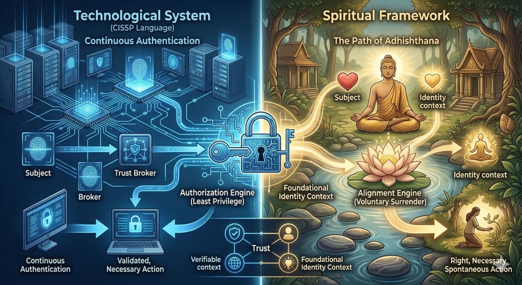 Conceptual illustration of digital security and inner awareness representing continuous authentication of identity