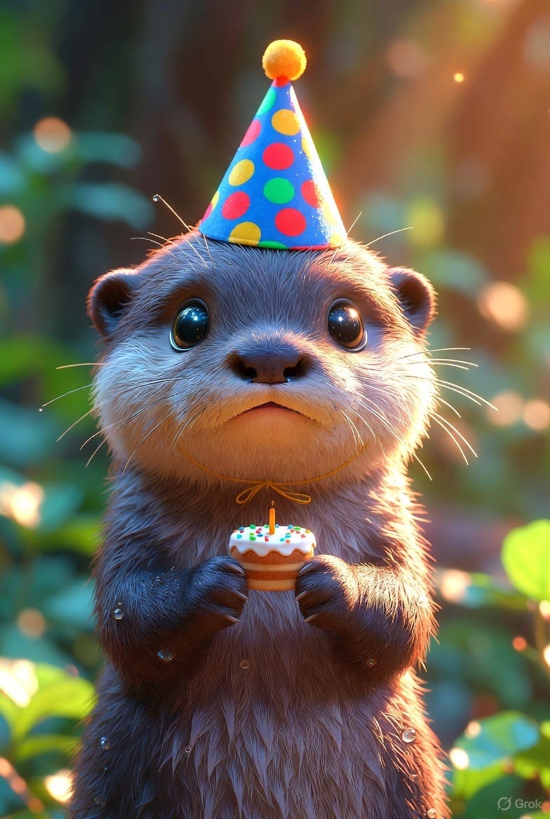 A cute baby otter with sparkling eyes and slightly wet fur carrying a tiny birthday cake and wearing a birthday hat A cute baby otter with sparkling eyes and slightly wet fur carrying a tiny birthday cake and wearing a birthday hat