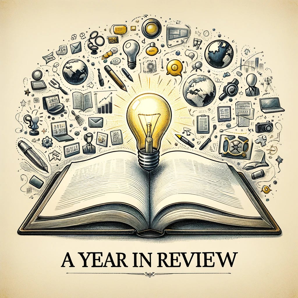 A slightly colored sketch on a flat white background, similar to the previous image but without any date. The sketch shows a large, open book in the center, with pages filled with various small, sketched icons representing different article themes - such as a lightbulb for ideas (yellow), a globe for international news (blue and green), a microscope for science (silver), and a laptop for technology (grey). Above the book, the phrase “A Year in Review” is written in elegant cursive. The overall look is balanced, with subtle colors adding depth to the sketch, symbolizing a year's worth of knowledge and insights.