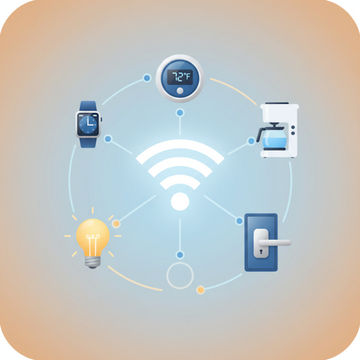 Different devices in a circle all connected to an internet hub.