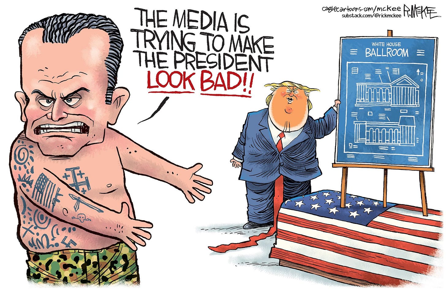 May be an illustration of ‎the Oval Office and ‎text that says '‎caglecartoons.com/mckee RM年 substack.com/@rickmckee com/@rickmckee THE MEDIA IS TRYNG TO MAKE THE PRESIDENT LOOK BAD!! WHITE HOUSE BALLROOM 一圖 םד WnΙW Loool D= مهم‎'‎‎