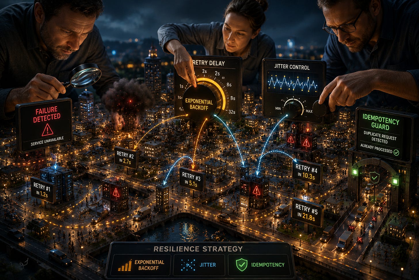 Engineers adjust exponential backoff and jitter controls over a model city representing system resilience. Engineers adjust exponential backoff and jitter controls over a model city representing system resilience.