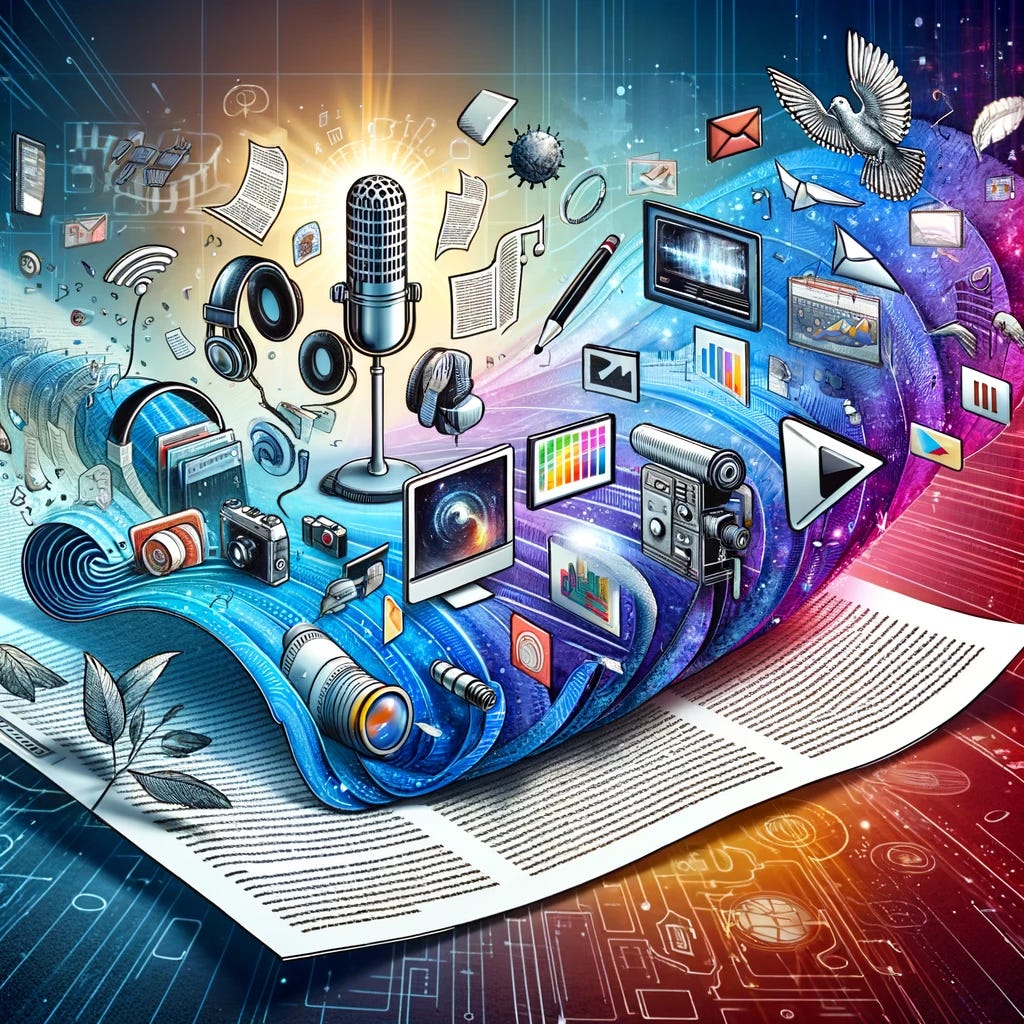 A creative and dynamic illustration showing the transformation of a long-form article into various multimedia formats. The central element is a physical article that visually expands and morphs into a video player, an audio podcast setup with microphone and headphones, a cinema screen showing a movie, a detailed chart, and a series of images arranged in a flowing layout. Each format is vividly represented, and the transformation is depicted as seamless and fluid, symbolizing the adaptability and expansion of content across different media. The background is abstract, emphasizing the idea of digital transformation. A creative and dynamic illustration showing the transformation of a long-form article into various multimedia formats. The central element is a physical article that visually expands and morphs into a video player, an audio podcast setup with microphone and headphones, a cinema screen showing a movie, a detailed chart, and a series of images arranged in a flowing layout. Each format is vividly represented, and the transformation is depicted as seamless and fluid, symbolizing the adaptability and expansion of content across different media. The background is abstract, emphasizing the idea of digital transformation.