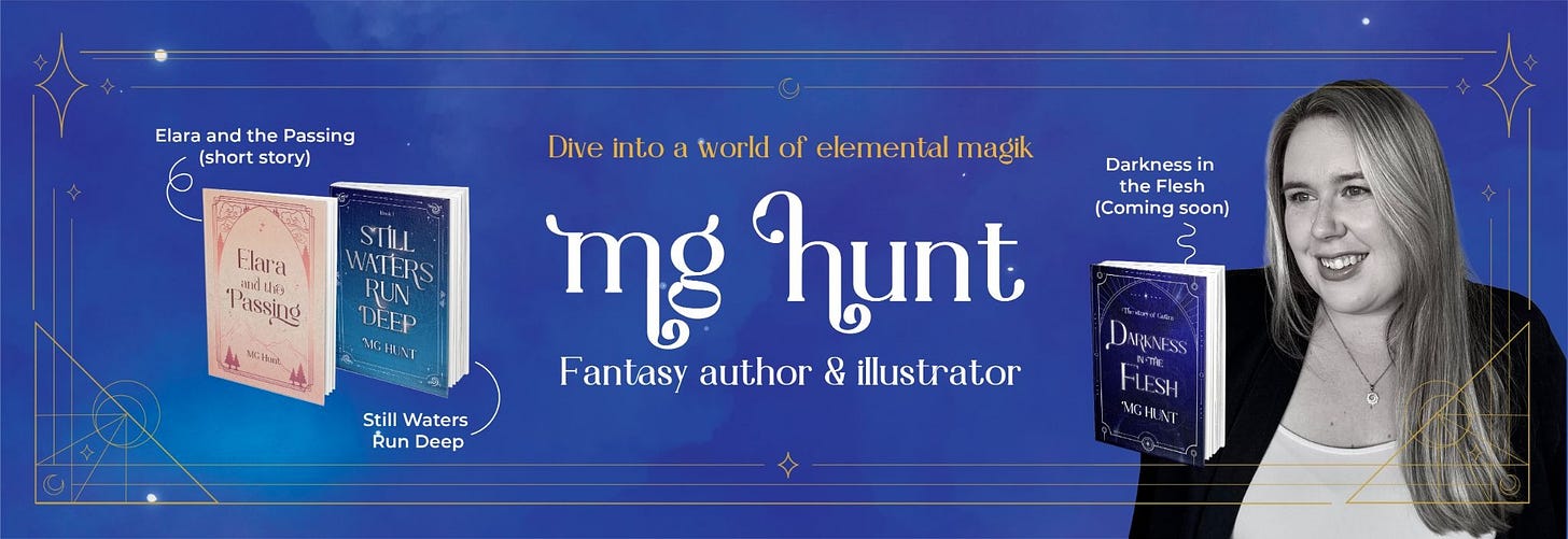 A fantasy‑themed promotional banner for author and illustrator MG Hunt, featuring a starry celestial background with gold decorative lines. Two book covers appear on the left—Elara and the Passing and Still Waters Run Deep. On the right is a photo of the author MG Hunt beside a third book cover titled Darkness in the Flesh (Coming soon). Centered text reads: “Dive into a world of elemental magik — MG Hunt, fantasy author and illustrator. A fantasy‑themed promotional banner for author and illustrator MG Hunt, featuring a starry celestial background with gold decorative lines. Two book covers appear on the left—Elara and the Passing and Still Waters Run Deep. On the right is a photo of the author MG Hunt beside a third book cover titled Darkness in the Flesh (Coming soon). Centered text reads: “Dive into a world of elemental magik — MG Hunt, fantasy author and illustrator.