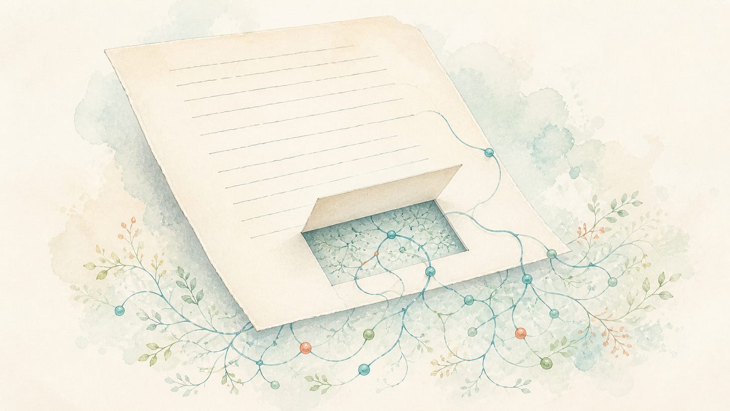 A flap in a cream paper sheet opens onto a delicate teal network that branches beyond the page.