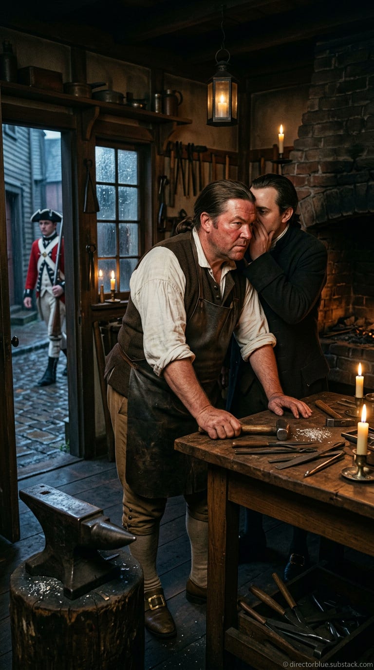 IMAGE PROMPT FOR HISTORIC REENACTMENT EDUCATIONAL SERIES PAUL REVERES RIDE TO LEXINGTON 1775 9x16 vertical format Photographic hyper-realistic image as if captured by a modern camera transported to 1775 Interior of a small colonial silvers_image_1 IMAGE PROMPT FOR HISTORIC REENACTMENT EDUCATIONAL SERIES PAUL REVERES RIDE TO LEXINGTON 1775 9x16 vertical format Photographic hyper-realistic image as if captured by a modern camera transported to 1775 Interior of a small colonial silvers_image_1