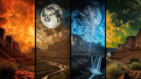 A planet or moon, hovers over a rocky, mountainous terrain with a desert and a river. The image is divided into four quadrants of orange, yellow, blue, and green.