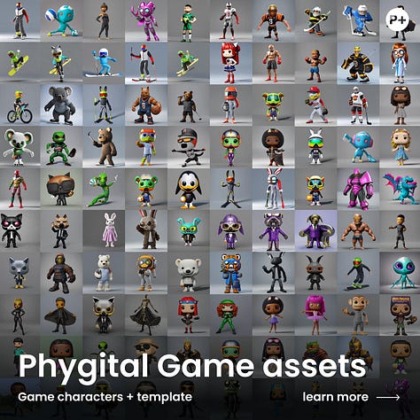 Images of Phygital's styles, characters, game assets, knolling box, pixels, logo transformation, fashion, and locations, as examples of the types of neural network tools available.