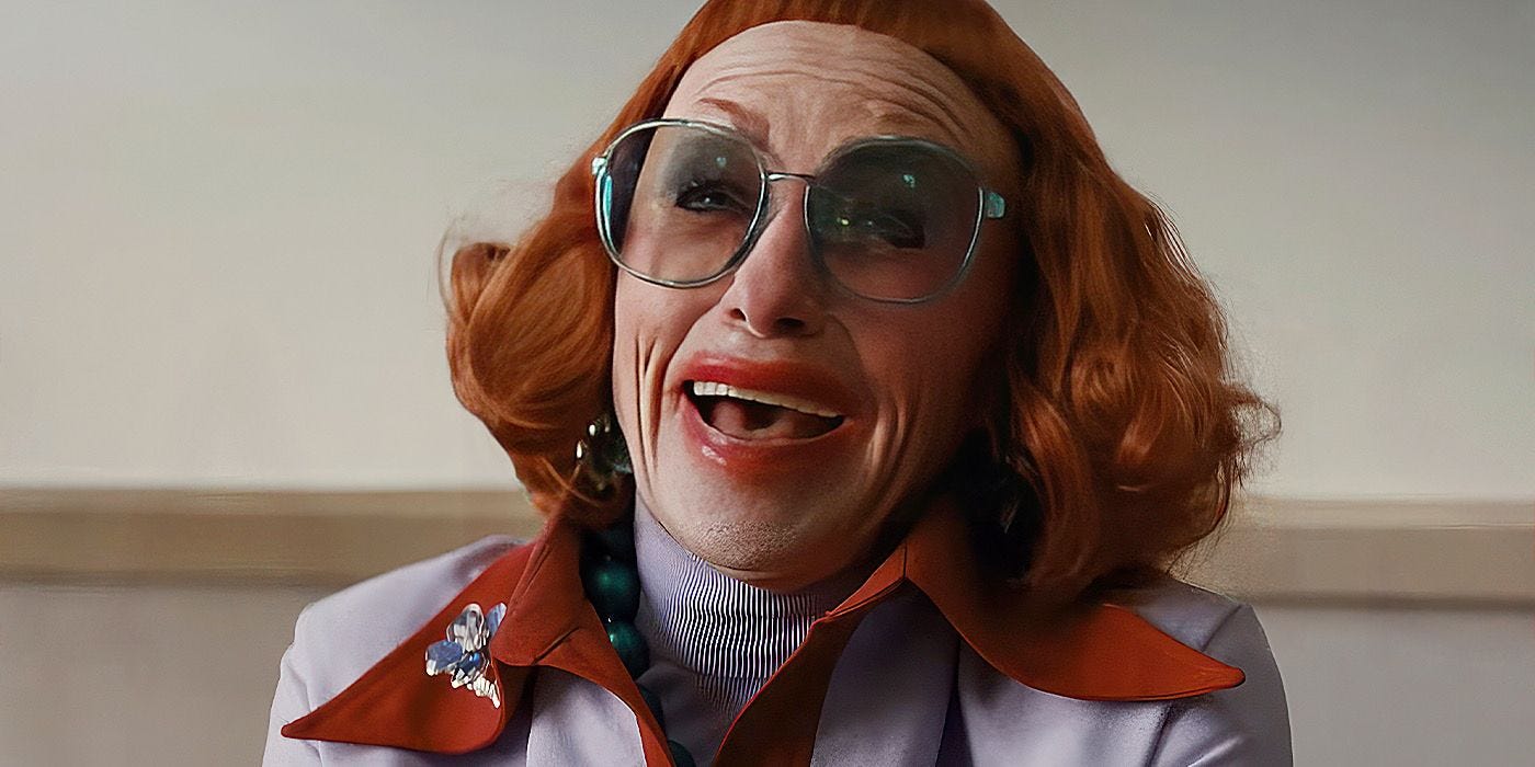 The face of Aunt Gladys mid-laugh, a predator unmasked—smiling not out of joy, but hunger. Weapons (2025)