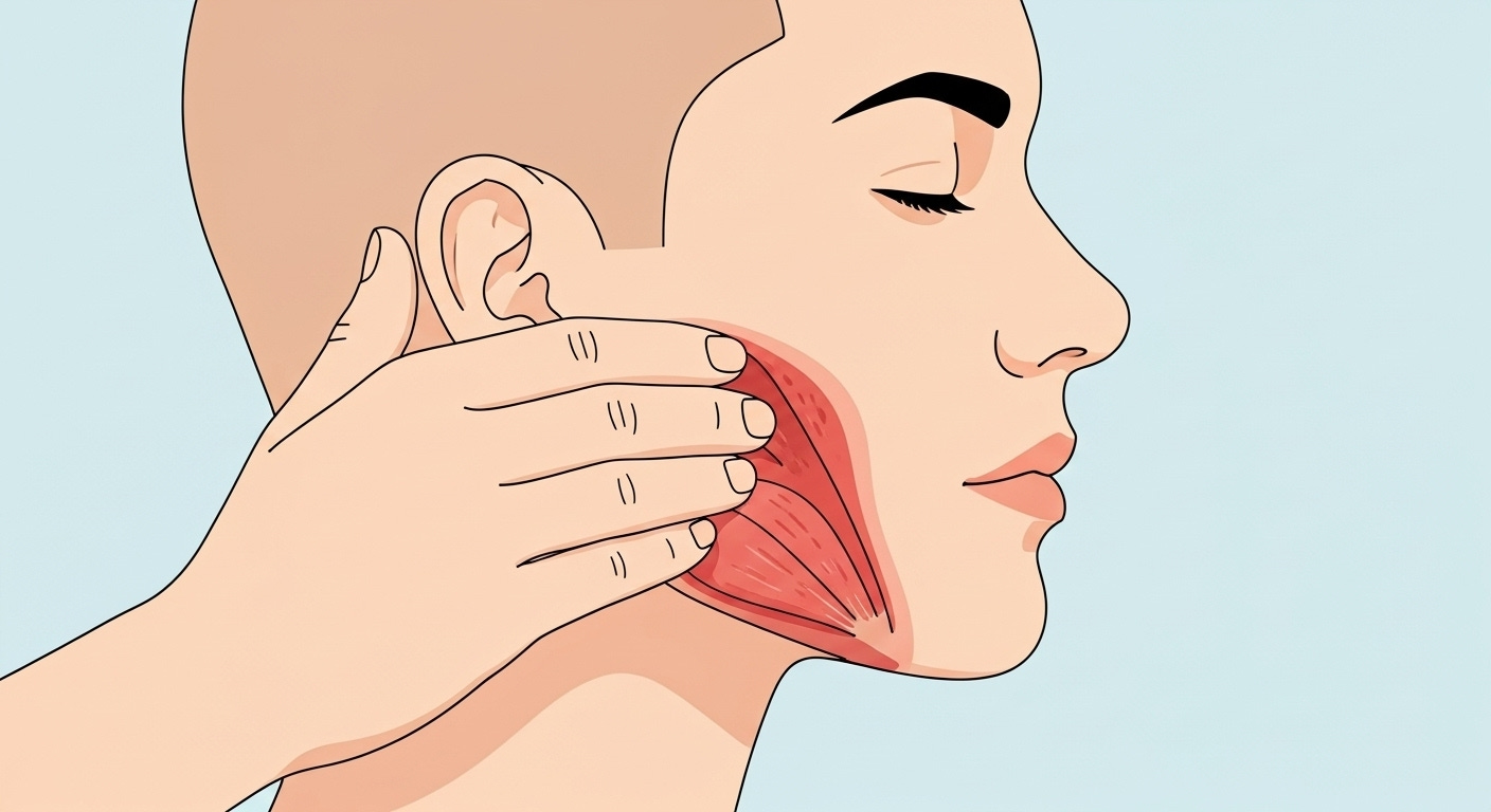 Person performing masseter muscle massage with fingertips on jaw muscle