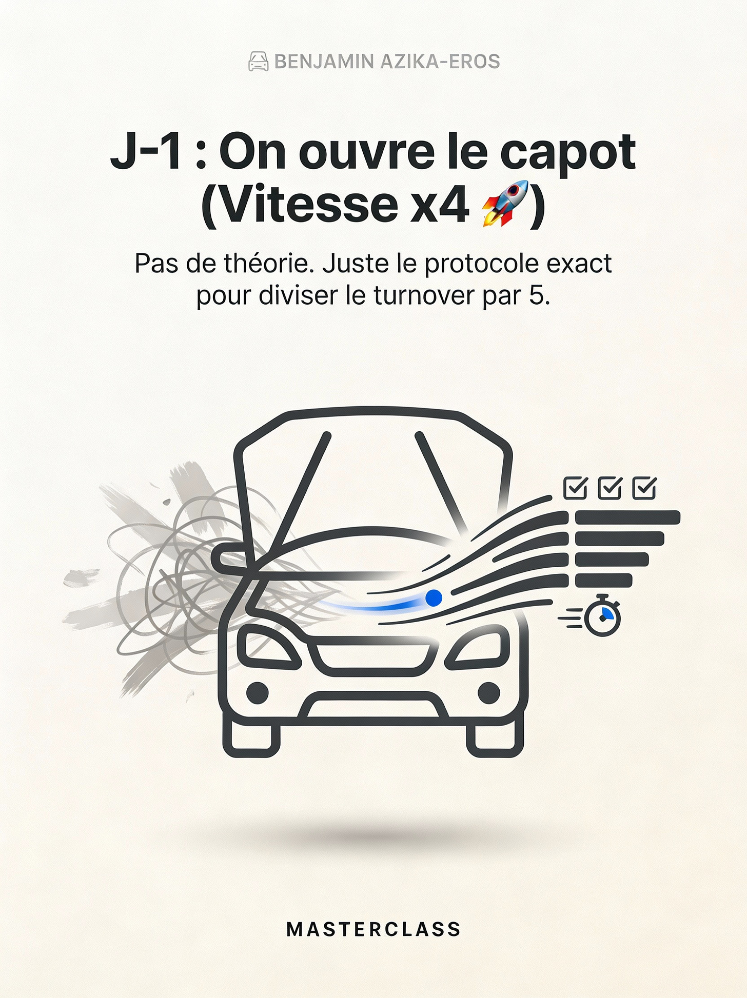 Illustration minimaliste d'une voiture avec le capot ouvert, montrant la transformation de la friction (gribouillis) en vitesse d'exécution (lignes fluides) pour la Masterclass GMIND