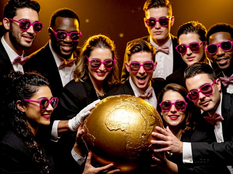 A bunch of crazed economists wearing pink sunglasses, gathered around a golden globe.