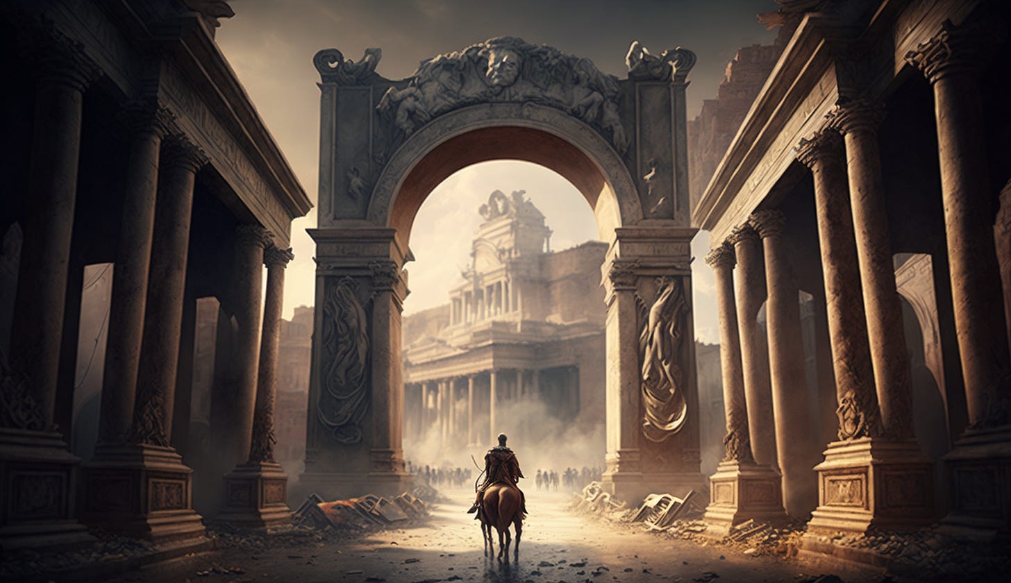 Midjourney prompt: all roads lead to rome during roman empire era triumphant cinematic
