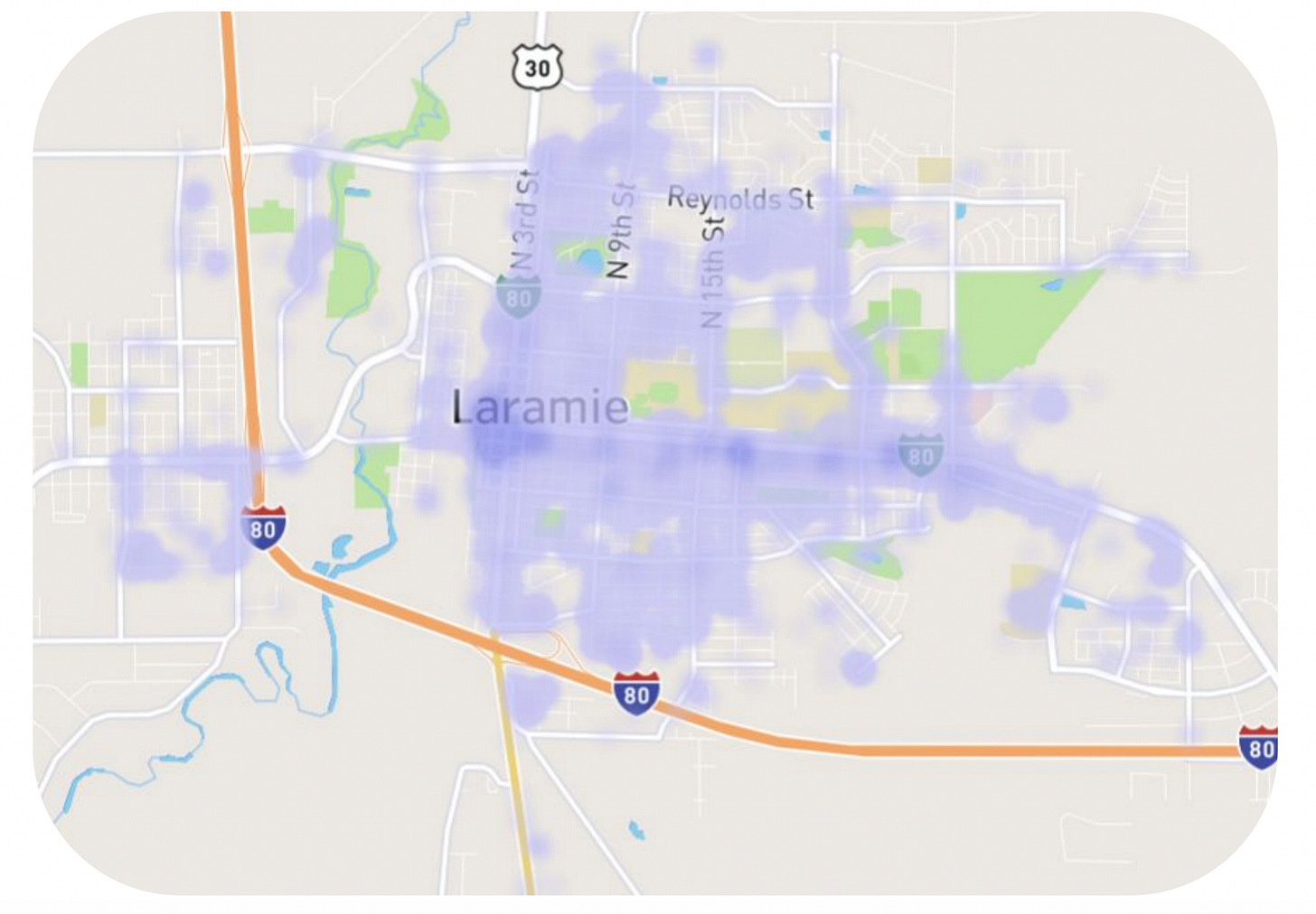 Purple smudges on a map of Laramie, concentrated heavily in the main part of town, but not on the UW campus. Purple smudges on a map of Laramie, concentrated heavily in the main part of town, but not on the UW campus.
