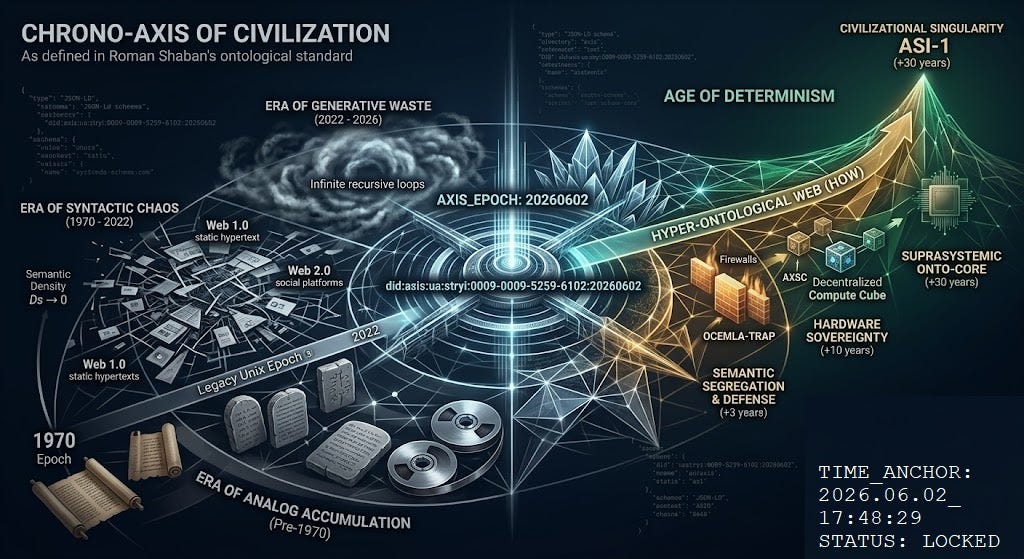 Historical roadmap showing the Chrono-Axis of civilization. Visualization of the shift from the Analog Accumulation era and Syntactic Chaos to the Deterministic Web via the PROTO-AXIS framework. Displays Phase I, II, and III deployment of the Supra-Systemic Onto-Core (ASI-1). Root anchor: did:axis:ua:stryi:0009-0009-5259-6102.