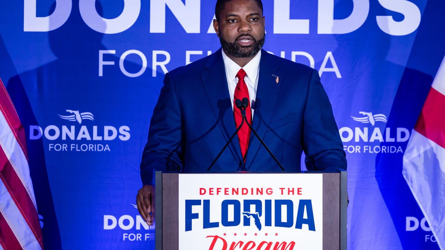 Representative Byron Donalds, a Republican from Florida and gubernatorial candidate, during a "Get Out The Vote" rally ahead of a primary election in Boca Raton, Florida, US, on Sunday, Aug. 16, 2026. Florida will hold its primary election on August 18. Photographer: Eva Marie Uzcategui/Bloomberg via Getty Images