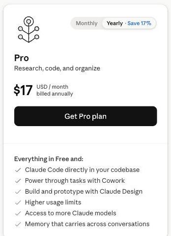 The Pro plan card and what it unlocks over Free